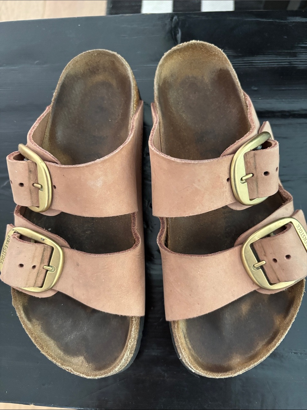 Birkenstock Double Buckle Leather Slide Sandals - Dusty Rose / Gold Buckle